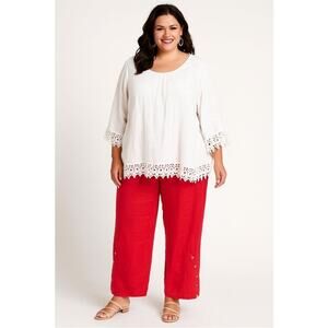 Soft Surroundings Vibrant Coral Rustic Cotton Lagenlook Wide Leg Pants L